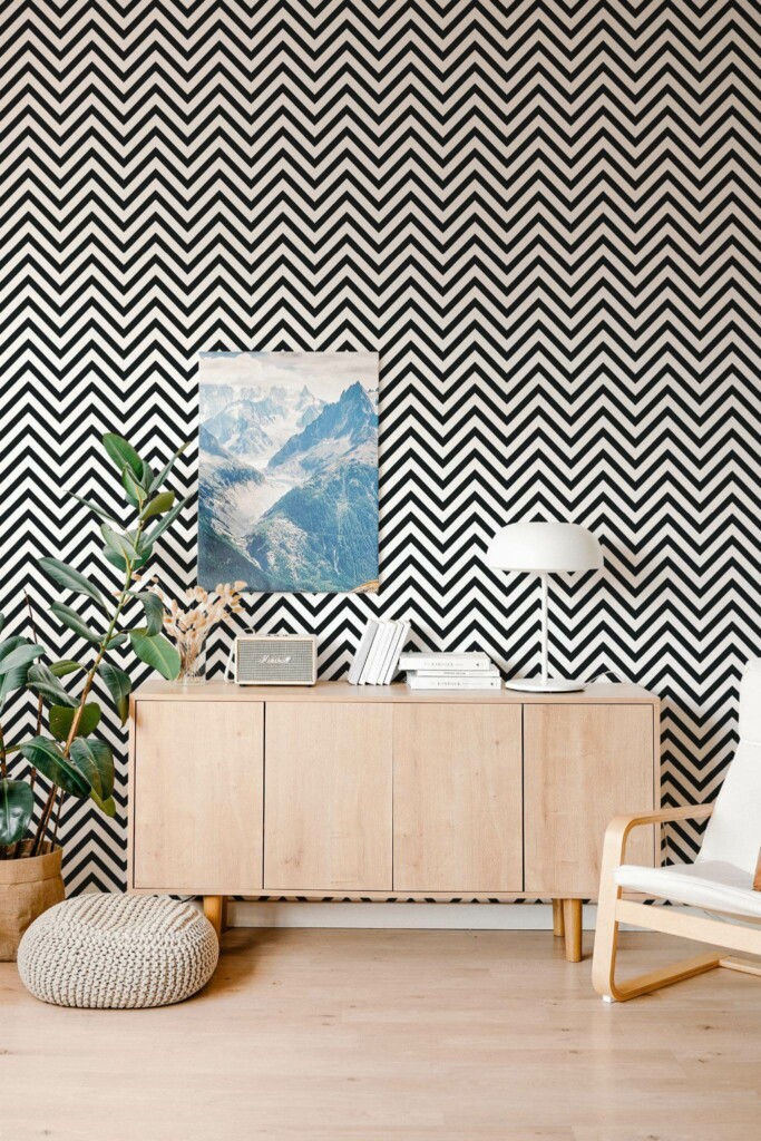 Scandinavian style living room decorated with Zig zag peel and stick wallpaper